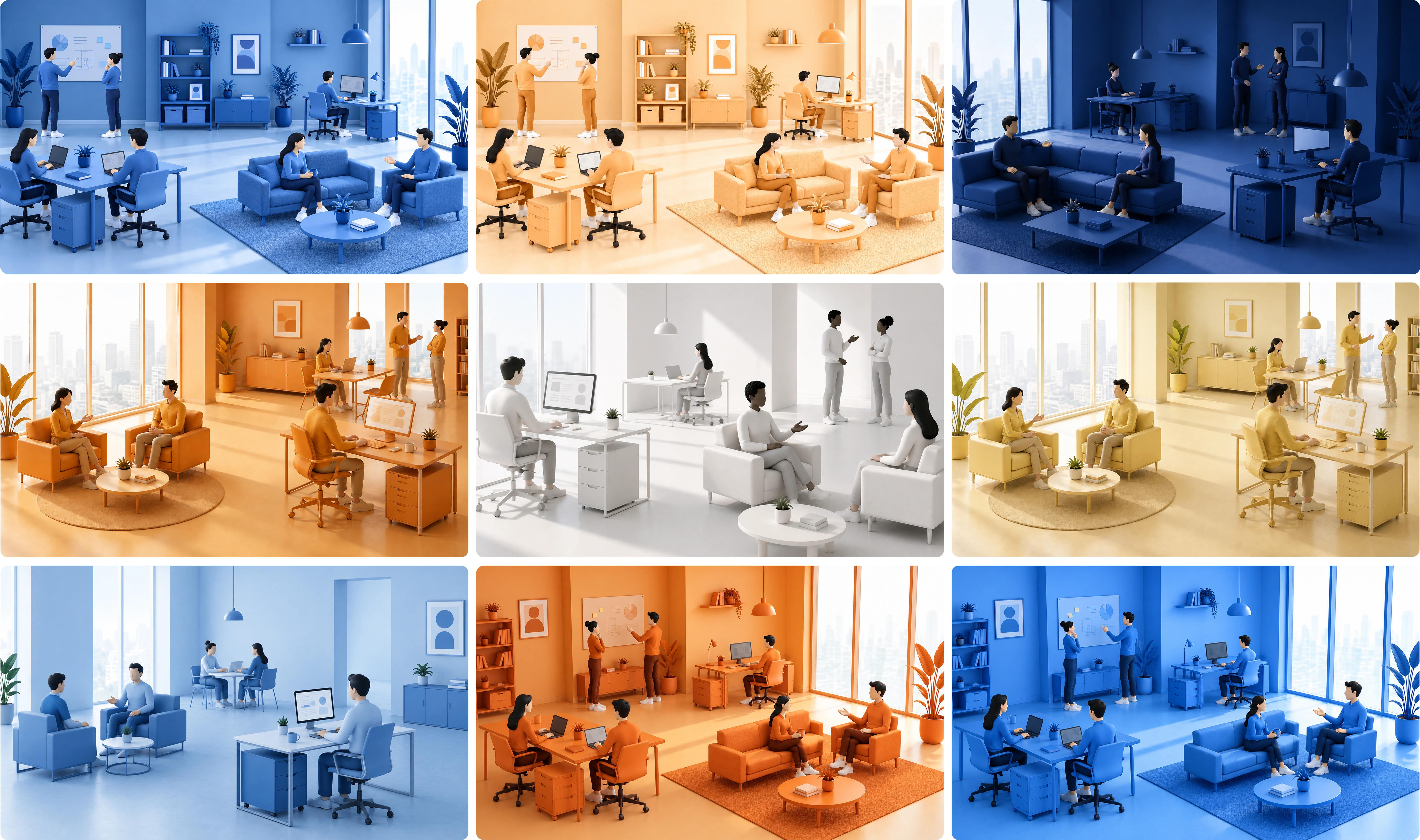 Colorful workplace scenes arranged in a grid